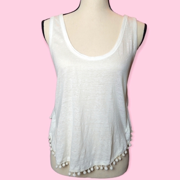 Dereck Lam 10C White Linen Muscle Tank Pom Pom Fringe Hem Lightweight Flowy Sz L - Picture 1 of 4